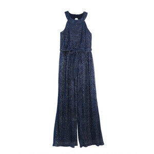 Zunie Girl's High Neck Shimmer Jumpsuit With Bowtie Neck In Navy Size 16